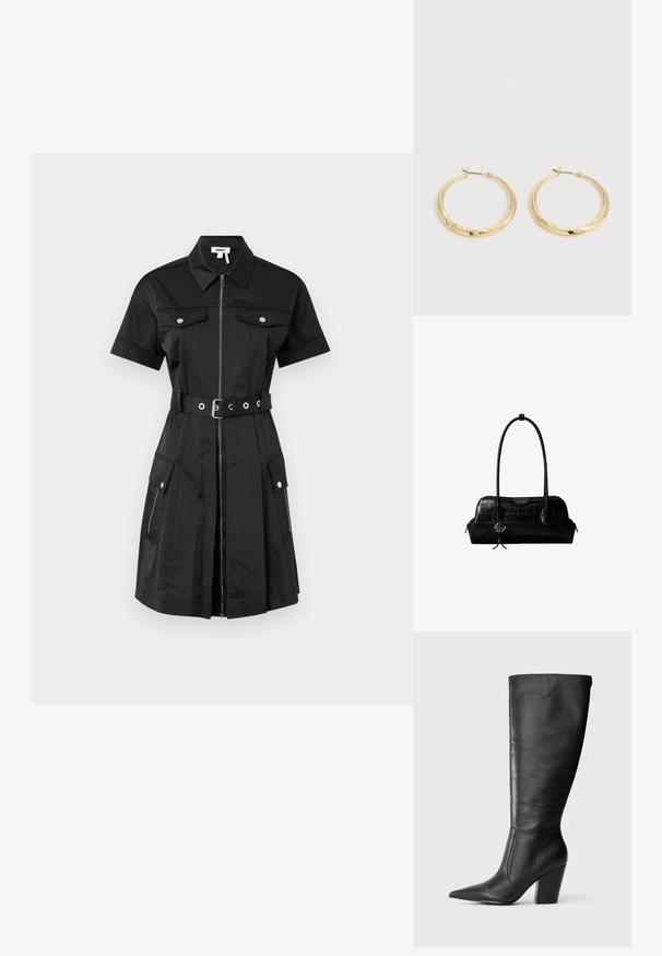 Schwarzes Kleid mit kurzen Ärmeln, Reißverschluss vorne, zwei Brusttaschen und seitlichen Taschen. Es hat eine taillierte Silhouette mit silbernen Hardware-Elementen.; Schwarze kniehohe Lederstiefel mit spitzem Zehen und klobigem hohen Absatz, von der linken Seitenansicht auf weißem Hintergrund gezeigt.; Schwarze Umhängetasche aus krokodilstrukturiertem Leder mit langen Riemen und einem kleinen silbernen Logocharm an einem Riemen.; Paar polierte goldene Creolen mit dünnen Stegen und Klappverschlüssen, auf einem schlichten hellgrauen Hintergrund präsentiert.