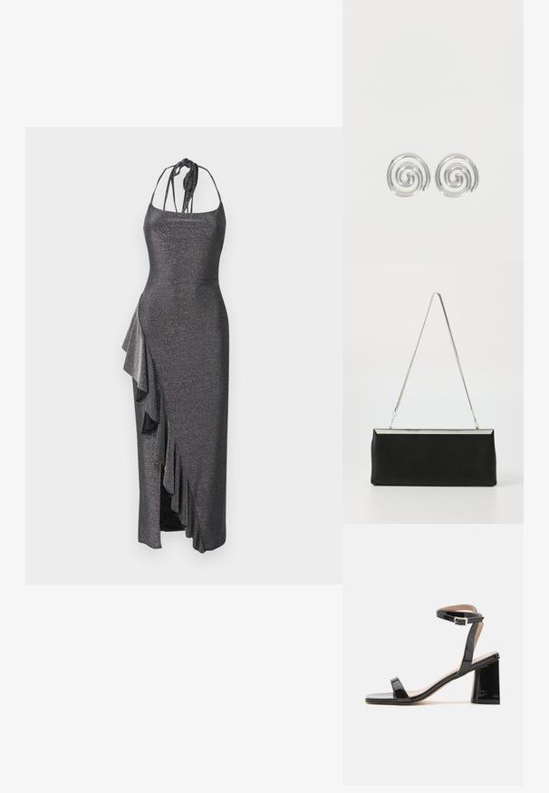 Must massiivne must metalliline poolpikad kleit õhukeste rihmadega, külgedel volangidega ja lõhiku lisaliikumiseks.; RAID RAINEY - Kõrge kontsaga sandaalid - black; Must pank nahkklamber koos hõbedase metallist keti käepidemega ja laatiline ristkülikukujuline kuju. Matt tekstuur ja minimalistik disain koos metallilise aktsendiga.; Hõbedast keerisega rõngaskõrvarõngaste paar, millel on sile ja ümar disain tavalisel valgel taustal.