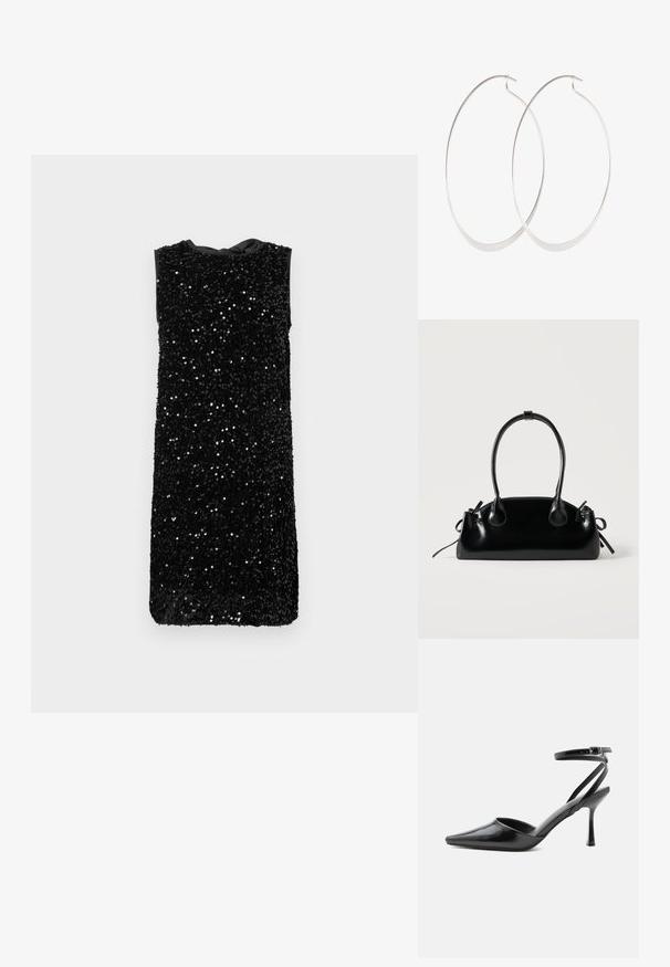 Robe noire sans manches recouverte de paillettes, avec un col rond et un lien à nouer à l'arrière, coupe droite sans matériel visible.; Escarpin noir à bout pointu avec fines brides de cheville et fermeture à boucle argentée sur fond clair uni.; Petit sac à main noir brillant avec deux longues anses et des détails à cordon sur les côtés sur un fond clair uni.; Boucles d'oreilles en argent avec un design fin et lisse ; forme ovale allongée ; finition polie ; présente un fermoir à crochet sécurisé.