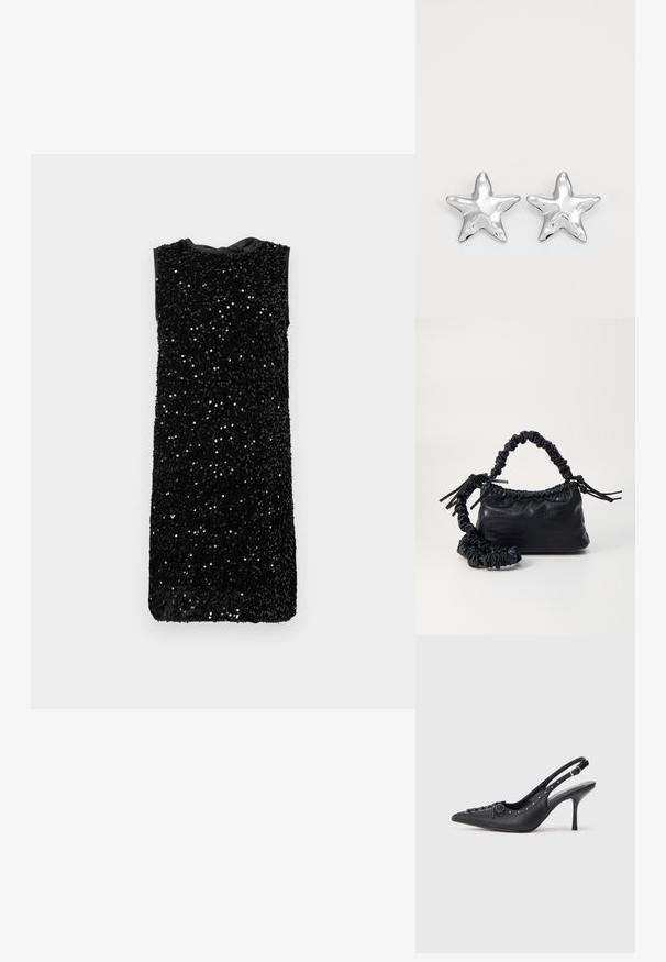 Sort ærmeløs kjole dækket af paletter, med rund udskæring og båndsløjfe bagpå, lige snit uden synlig hardware.; Sorte læder slingback stiletto med spids tå, side spændebånd, nitter langs kanten og dekorativ snøring foran.; Sort kunstlæder håndtaske med krokodilteksur, indsnøret top og en sammenkrøben rem. Ser blød og kompakt ud i designet.; Sølvstjernede øreringe med en poleret, blank overflade. Hver ørering har fem spidser og subtile teksturdetaljer på overfladen.