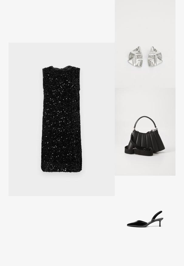 Sort ærmeløs kjole dækket af paletter, med rund udskæring og båndsløjfe bagpå, lige snit uden synlig hardware.; Sorte patentlæder slingback hæle med spids tå, lav stiletto hæl og et elegant, enkelt design uden pynt.; Sort plisseret handbag med et rundet håndtag, justerbar rem og blank overflade. Har sølvfarvet hardware og en struktureret silhuet.; Sølvmetal øreringe med et bølgende, skulpturelt design, der har en poleret overflade og uregelmæssige former, hvilket fremhæver en moderne æstetik.