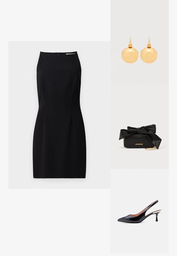 Musta olkaimeton mekko, jossa on vartalonmyötäinen leikkaus, sileä kangas, takana vetoketjusulku ja hienovaraiset sauman yksityiskohdat.; Musta kiiltävä nahkainen slingback-avokärkikorkokenkä, jossa on terävä kärki ja keskikorkea korko, jossa metallinen koriste lähellä korkoa.; Musta satiininen käsilaukku, jossa suuri rusetti yläosassa, kultainen ketjuhihna ja kohokuvioitu "LOVE MOSCHINO" -logo edessä.; Pari kiiltäviä kullanvärisiä joulupallokorvakoruja, joissa on koukkukiinnitys, yksinkertaisella valkoisella taustalla.