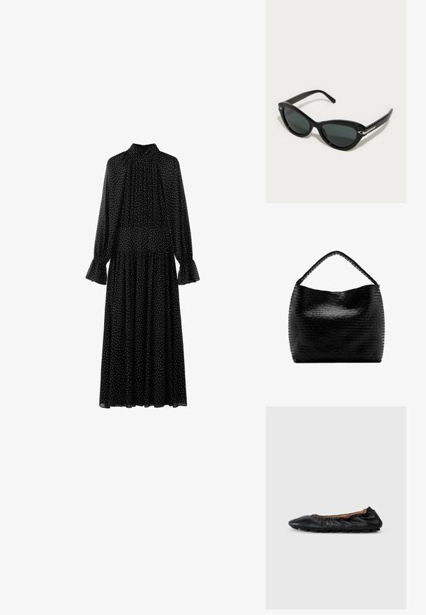 Robe midi noire à manches longues avec des pois blancs, col montant, devant plissé et poignets évasés.; Ballerines en cuir noir avec des détails froncés au col, bout rond et semelle en caoutchouc flexible. Texture lisse dans l'ensemble.; Lunettes de soleil cat-eye noires avec des verres foncés, monture en plastique brillant et accents en métal argenté sur les branches. Texture lisse sur l'ensemble.; Sac à main tissé noir avec une poignée tressée unique et un corps rectangulaire large et souple sur fond blanc.