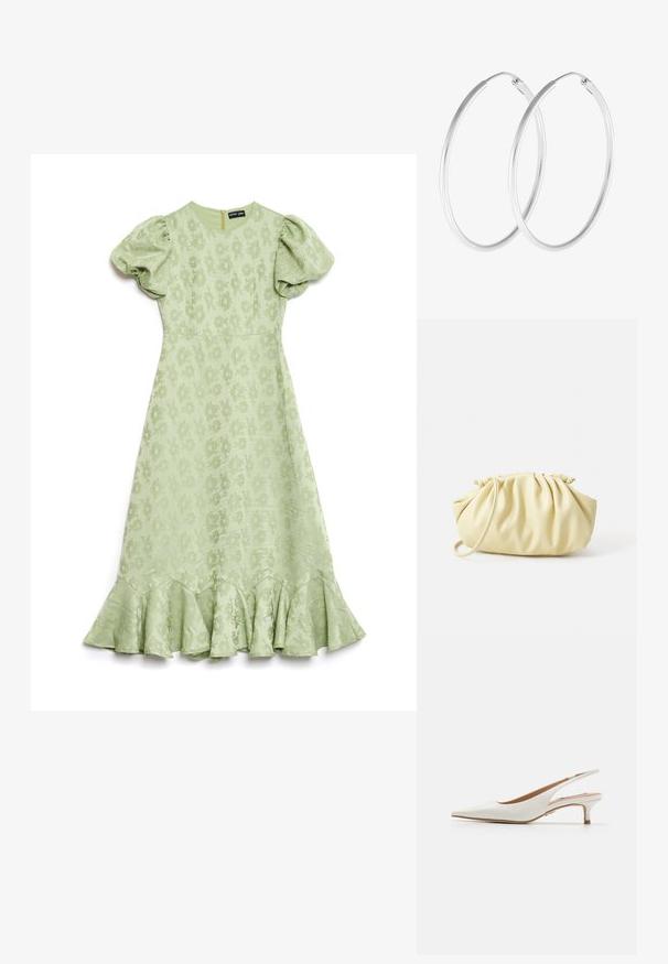 Lichtgroene jurk met pofmouwen, bloemenstructuur en een uitlopende gerimpelde zoom. Heeft een ritssluiting aan de achterkant.; Steve Madden KARI - Klassieke pumps - white; Geel geplooide handtas van soepel nepleer, met een zachte vorm, een enkele schouderriem en een verzameld ontwerp aan de bovenkant.; Zilverkleurige oorringen met een gladde, ronde vorm en een gepolijste afwerking. Beide oorbellen zijn van dezelfde grootte en hebben een veilige sluitmechanisme.