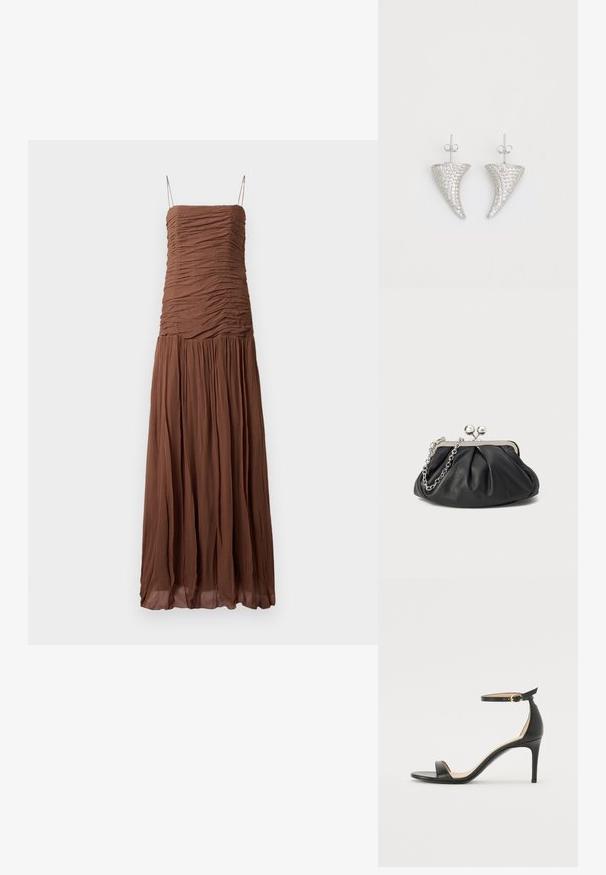 Vestido maxi marrón hecho de una tela texturizada. Presenta un escote fruncido y una falda fluida, con finas tiras ajustables y un escote recto.; Sándalo de tacón alto de piel negra con tiras en el tobillo. Presenta una textura suave, puntera abierta y un tacón delgado. Detalles de hebilla en tono dorado.; Clutch de cuero negro con textura arrugada, marco de metal en tono plateado, cierre de beso y cadena para colgar. Superficie suave y lisa.; Pendientes en forma de cuerno plateado, engastados con pequeñas piedras transparentes, que cuentan con un cierre trasero para su sujeción. Textura suave y acabado metálico.