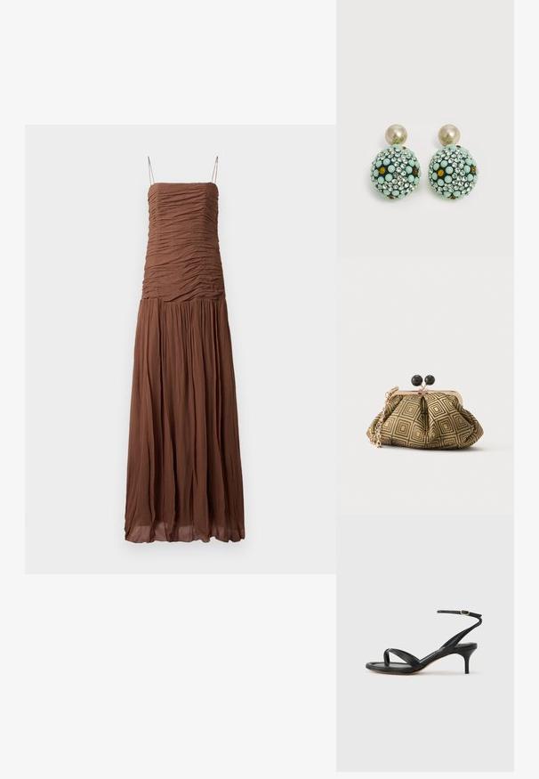 Vestido maxi marrón hecho de una tela texturizada. Presenta un escote fruncido y una falda fluida, con finas tiras ajustables y un escote recto.; Sandalia negra de cuero para mujer con tiras finas, un lazo para el dedo del pie, hebilla en el tobillo y tacón de aguja de altura media sobre un fondo neutro.; Pequeño bolso de mano con patrón geométrico en dorado y negro, marco metálico dorado, cierre de bola negro y una corta correa de cadena dorada.; Pendientes de botón redondos con grandes perlas en la parte superior y gotas esféricas cubiertas de diamantes de imitación en verde menta, ámbar y transparente.