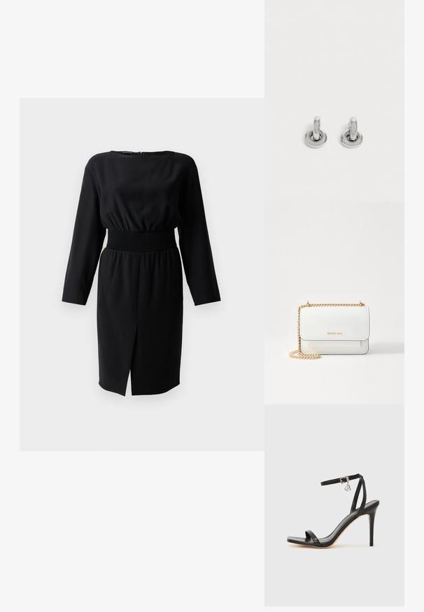 Schwarzes Langarmkleid mit Rundhalsausschnitt, elastischem Bund, strukturiertem Stoff und einem seitlichen Schlitz. Reißverschluss auf der Rückseite.; Schwarze High-Heel-Sandale mit schmalem Knöchelriemen, quadratischer Zehenbox, glattem Leder und metallischem Schnallenakzent.; MICHAEL Michael Kors CLAIRE SM XBODY - Umhängetasche - optic white; Paar kleine, glänzende silberne Creolen mit rundem Sockel, auf einfachem hellem Hintergrund präsentiert.