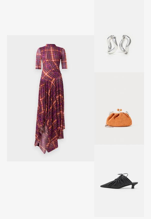 Lilla og orange ternet kjole med korte ærmer, høj hals, asymmetrisk kant og flydende plisseringer med en blanding af geometriske mønstre.; Sorte læder slip-on mules med spids tå, samlet tekstur og en lille kitten heel. Har en snor-detalje ved åbningen.; Lille orange flettet clutch-pung med sølvmetalramme, rund lukning og en sølvkæde-rem på en hvid baggrund.; Sølv øreringe i hoop-design med snoet mønster. Runde kanter og blank finish. Åbne lukninger for nem brug. Glat tekstur over det hele.