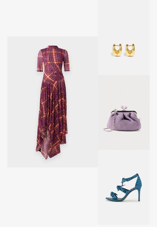 Vestido a cuadros en púrpura y naranja con mangas cortas, cuello alto simulado, dobladillo asimétrico y pliegues fluidos que presentan una mezcla de patrones geométricos.; Sandal de tacón alto con tejido trenzado multicolor, con acentos de lazo en las correas. Diseño de punta abierta con un delgado tacón de aguja.; Bolso de mano tejido color lavanda con marco de metal plateado, cierre redondo de color lavanda y cadena plateada sobre un fondo claro liso.; Pendientes de aro de oro con un diseño elegante y redondeado. Presentan un centro hueco y una superficie brillante, complementando estilos modernos.