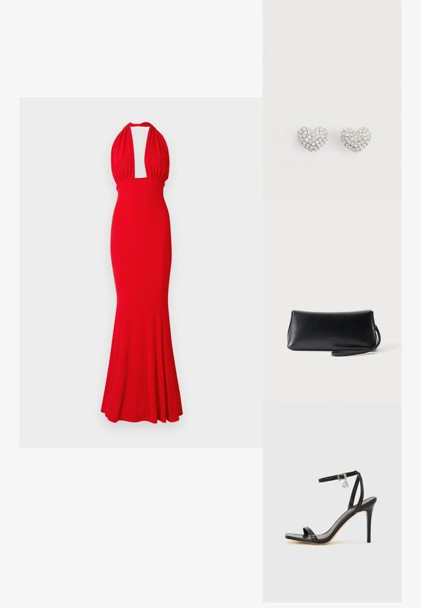 Robe halter rouge en tissu ajusté, avec un décolleté plongeant et un ourlet évasé. Texture lisse sans motifs ni embellissements visibles.; Sandale à talon haut noire avec une bride étroite à la cheville, bout carré, cuir lisse et accent de boucle métallique.; Pochette en cuir noir lisse avec une fine lanière de poignet, forme rectangulaire, et logo embossé subtil centré sur le devant.; Une paire de boucles d'oreilles en argent en forme de cœur, ornées de petites cristaux transparents sur un fond blanc uni.