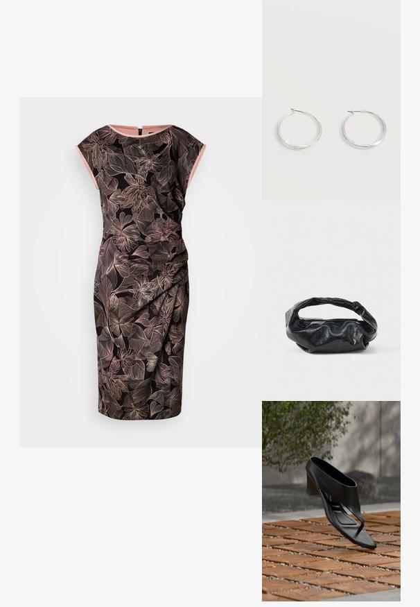 Robe noire ornée d'un imprimé floral en rose et beige. Manches courtes, détail froncé sur le côté, longueur au genou, et fermeture éclair au dos.; Sandale noire à talon haut avec une lanière entre les orteils, flottant au-dessus d'une surface extérieure en bois et gravier à motifs, avec un arrière-plan flou de verdure et un mur.; Sac noir en matériau texturé et brillant avec une poignée circulaire torsadée et une fermeture éclair. Présente un design doux et froissé.; Boucles d’oreilles créoles en métal argenté avec une surface lisse légèrement incurvée et des fermoirs à clapet sur un fond blanc uni.