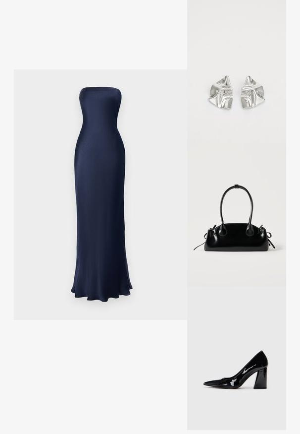 Strapless, bodenlanges Kleid in Marineblau. Glattes, glänzendes Material mit figurbetontem Schnitt und ausgestellt gesäumtem Saum. Minimalistisches Design, keine sichtbaren Muster.; Schwarzer Lackleder-High-Heel-Schuh mit spitzer Zehe und einem klobigen Absatz, der eine glatte, glänzende Textur und ein elegantes Design aufweist.; Kleine schwarze glänzende Handtasche mit zwei langen Griffen und seitlichen Kordelzug-Details vor einfachem hellem Hintergrund.; Silberne Metallohrringe mit einem wellenförmigen, skulpturalen Design, das eine polierte Oberfläche und unregelmäßige Formen aufweist, die eine zeitgenössische Ästhetik betonen.