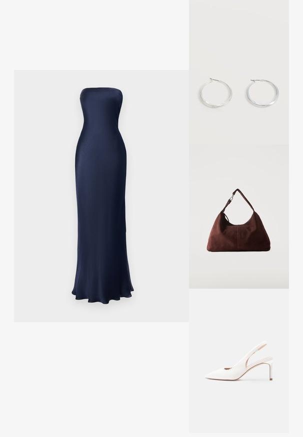 Strapless, bodenlanges Kleid in Marineblau. Glattes, glänzendes Material mit figurbetontem Schnitt und ausgestellt gesäumtem Saum. Minimalistisches Design, keine sichtbaren Muster.; Weißer Slingback-Pumps mit spitz zulaufender Vorderkappe, strukturierter Oberfläche und gezacktem Randdetail an der Seite.; Weiche braune Wildleder-Umhängetasche mit einem einzelnen Träger und silbernen Metallbeschlägen vor einfachem hellem Hintergrund.; Silberne Metallcreolen mit glatter, leicht gebogener Oberfläche und Klappverschluss vor schlicht weißem Hintergrund.
