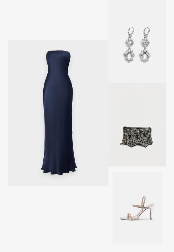 Αυτό το strapless, μακρύ φόρεμα σε σκούρο μπλε χρώμα διαθέτει ομαλή, γυαλιστερή ύφανση με εφαρμοστή σιλουέτα και φαρδύ στρίφωμα. Έχει μινιμαλιστικό σχεδιασμό, χωρίς ορατά μοτίβα.; Madden Girl WISE - Ψηλοτάκουνα πέδιλα - silver; Μαύρη τσάντα χιαστί με μεγάλη φουρκέτα, στολισμένη με ασημένιες μεταλλικές λεπτομέρειες, αλυσίδα και υφή που πιάνει το φως.; Ασημένια σκουλαρίκια με πολλαπλά διαυγή κρύσταλλα σε σχήματα σταγόνας και μαρκαρίσματος, με κλείσιμο τύπου lever-back και περίπλοκες λεπτομέρειες.