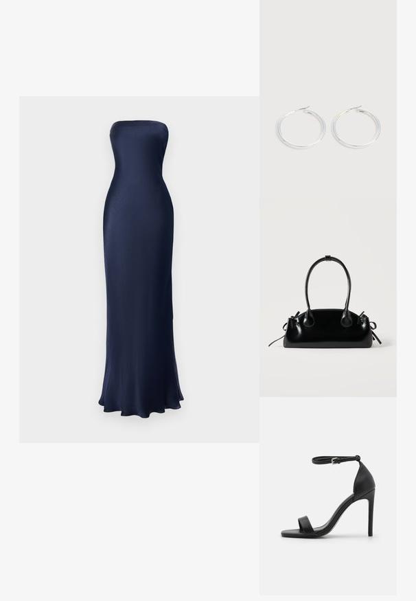Strapless, bodenlanges Kleid in Marineblau. Glattes, glänzendes Material mit figurbetontem Schnitt und ausgestellt gesäumtem Saum. Minimalistisches Design, keine sichtbaren Muster.; Schwarze hochhackige Sandale mit elegantem Design, featuring einem Knöchelriemen, offener Zehenpartie und glattem Lederfinish.; Kleine schwarze glänzende Handtasche mit zwei langen Griffen und seitlichen Kordelzug-Details vor einfachem hellem Hintergrund.; Paar glänzende silberne Creolen mit dünnen Drahtverschlüssen, dargestellt vor einem hellgrauen Hintergrund.