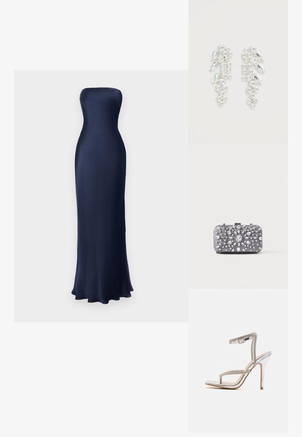 Strapless, bodenlanges Kleid in Marineblau. Glattes, glänzendes Material mit figurbetontem Schnitt und ausgestellt gesäumtem Saum. Minimalistisches Design, keine sichtbaren Muster.; RAID RORY - High Heel Sandalette - silver; Kleine rechteckige dunkelgraue Clutch, verziert mit klaren Strasssteinen in einem strahlenförmigen Muster und einem silbernen Kettenriemen.; Paar silberfarbene Ohrringe mit gruppierten klar facettierten Kristallen in runden und Marquise-Formen auf weißem Hintergrund.