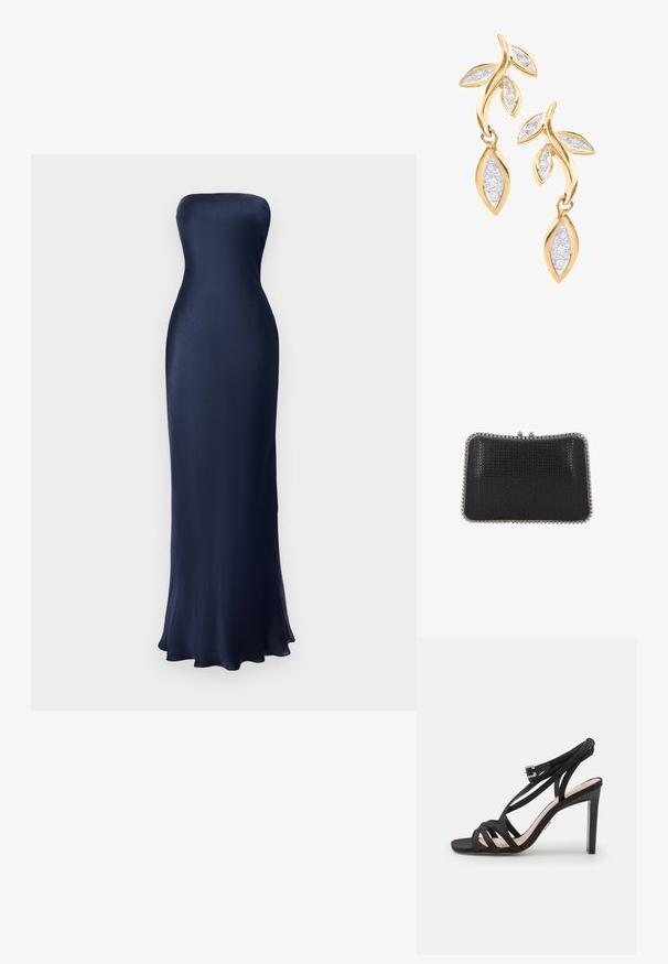 Strapless, bodenlanges Kleid in Marineblau. Glattes, glänzendes Material mit figurbetontem Schnitt und ausgestellt gesäumtem Saum. Minimalistisches Design, keine sichtbaren Muster.; Bronx ALADIN - Riemensandalette - black; Kleine schwarze strukturierte Clutch mit silbernem Metallrahmen und Verschluss oben, vor weißem Hintergrund abgebildet.; DIAMANT L'ÉTERNEL Ohrringe - gold coloured