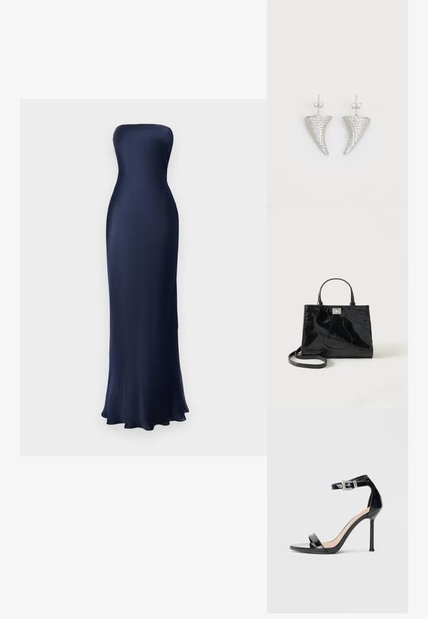 Strapless, bodenlanges Kleid in Marineblau. Glattes, glänzendes Material mit figurbetontem Schnitt und ausgestellt gesäumtem Saum. Minimalistisches Design, keine sichtbaren Muster.; Schwarzer Riemchensandale aus Lackleder mit hohem Absatz und Knöchelriemen. Verfügt über ein minimalistisches Design, offene Zehenpartie und eine Schnalle mit Strassakzenten.; Schwarze Handtasche aus Lackleder mit abgerundeten Griffen, abnehmbarem Schulterriemen und silberner Verschlussklammer auf einfachem weißem Hintergrund.; Silberne, hornförmige Ohrringe, besetzt mit kleinen klaren Steinen, mit einem Steckverschluss zur Befestigung. Glatte Textur und metallisches Finish.