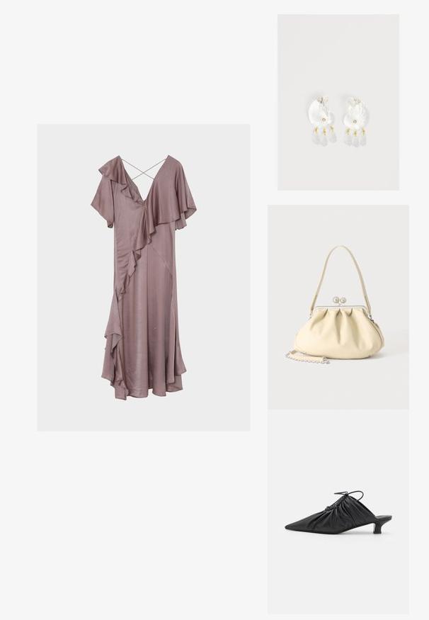 Robe midi en satin mauve avec détails à volants superposés, manches papillon, décolleté en V et fines bretelles croisées dans le dos.; Mules noirs en cuir à enfiler avec un bout pointu, une texture froncée et un petit talon aiguille. Présente un détail à cordon au niveau de l'ouverture.; Sac à main en cuir souple couleur crème avec un design froncé, fermoir cadre argenté, poignée courte et bandoulière chaîne amovible.; Boucles d'oreilles en résine transparente en forme de coquillage avec de petits accents dorés et trois breloques translucides en forme de goutte pendantes sur chaque boucle d'oreille.