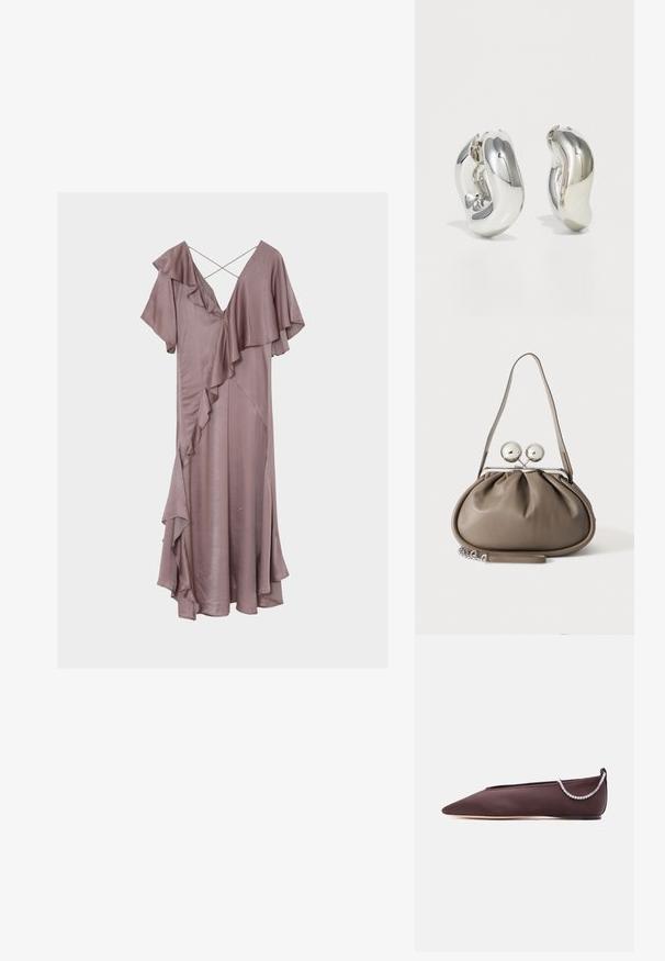 Robe midi en satin mauve avec détails à volants superposés, manches papillon, décolleté en V et fines bretelles croisées dans le dos.; Chaussure plate marron foncé à bout pointu avec un petit talon et un détail chaîne en strass argentée à l'arrière.; Sac à main en cuir gris de forme arrondie, fermeture supérieure avec deux grandes sphères argentées, et une seule anse.; Boucles d'oreilles sculpturales en argent avec des formes douces et courbes et des surfaces réfléchissantes. Présentent un design de boucle fermée et une forme organique distincte.
