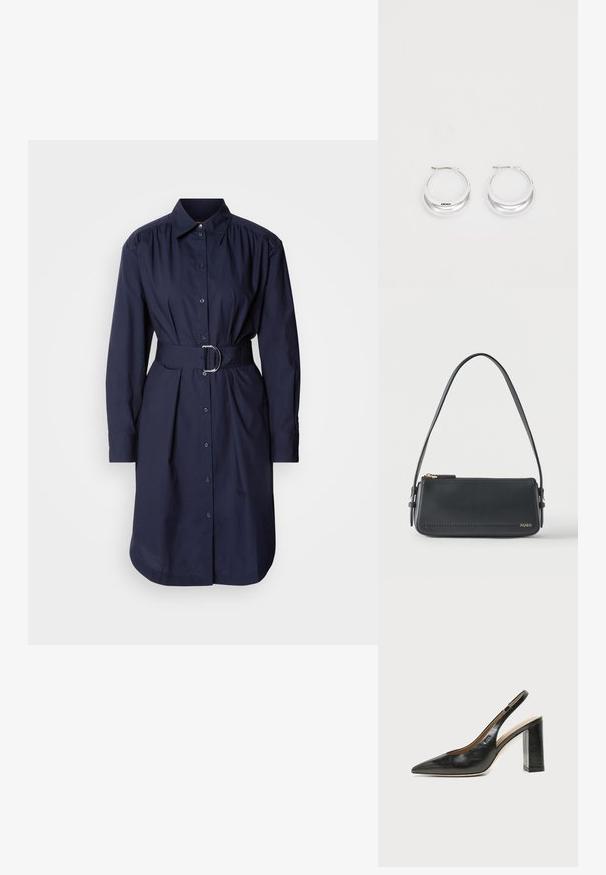 Navy blauwe hemdjurk met riem, gemaakt van katoen, met een kraaghalslijn, lange mouwen, knoopsluiting aan de voorkant en subtiele plooien bij de taille.; Zwarte leren slingback schoen met spits toelopend neusje, hoge blokhak en beige binnenvoering tegen een effen lichte achtergrond.; Zwarte rechthoekige lederen schoudertas met gouden ritssluiting en klein goudkleurig "HUGO"-logo aan de voorkant, voorzien van een verstelbare riem met gesp.; Zilveren creolen met een gepolijste afwerking en DKNY-branding, weergegeven tegen een effen witte achtergrond.