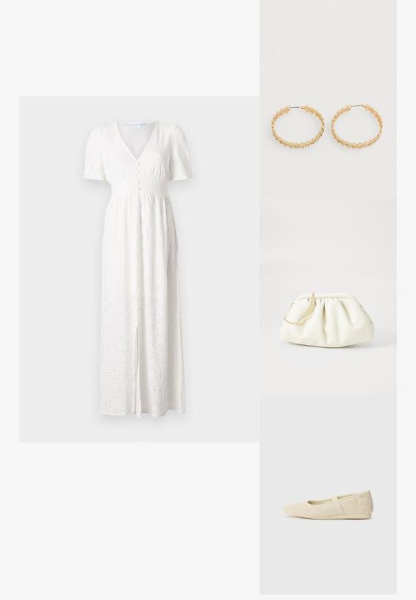 Robe maxi blanche avec un décolleté en V, des manches courtes bouffantes, un bouton devant et un motif de points brodés. Le tissu est léger avec une coupe ample.; Ballerines beiges avec une exterior en cuir lisse, un bout en forme d'amande et une sangle élastique sur le coup de pied, avec des détails de couture subtils.; Sac à main en cuir blanc avec un design plissé, doté d'une bandoulière en chaîne dorée et d'une forme arrondie. Texture lisse avec des plis doux et sans motifs.; Boucles d'oreilles créoles en or avec un design texturé orné de petites perles rondes sur le bord extérieur. Légères avec une fermeture sécurisée.