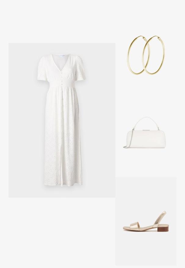 Vestido maxi blanco con escote en V, mangas cortas abullonadas, botones en el frente y un patrón de puntos bordados. La tela es ligera y de corte holgado.; Sandalias metálicas doradas con diseño plano, punta abierta y una tira ancha sobre el pie. Cuenta con un bajo tacón de bloque de madera.; Bolso rectangular blanco con asa corta y correa de cadena plateada, acabado liso y cierre de metal en la parte superior.; Pendientes de aro de oro con un diseño suave y redondeado y un acabado brillante. Construcción ligera con un cierre de broche seguro.