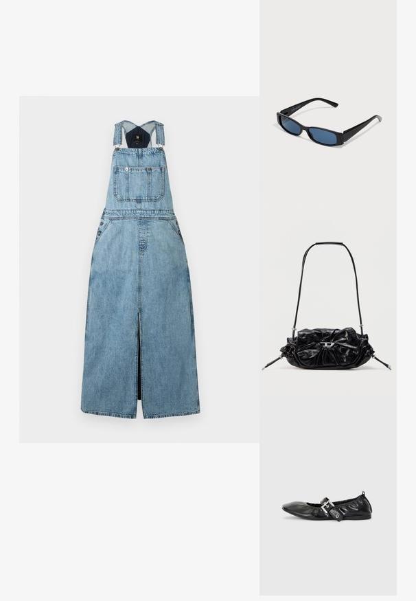 Lyseblå denim ærmeløs kjole med frontlomme, justerbare stropper og frontslids ned midt på.; Sorte læder flade sko med spids tå, samling detaljer omkring åbningen, og en sølv spænde accent på den justerbare rem.; Sorte solbriller med en slank rektangulær ramme og blå linser. Har en glat overflade og robuste stænger. Mærkets logo på siden.; Sort læderhåndtaske med et opsamlet design og sløjfedetalje foran. Har en kort hank og sølvfarvede hardware-accenter.