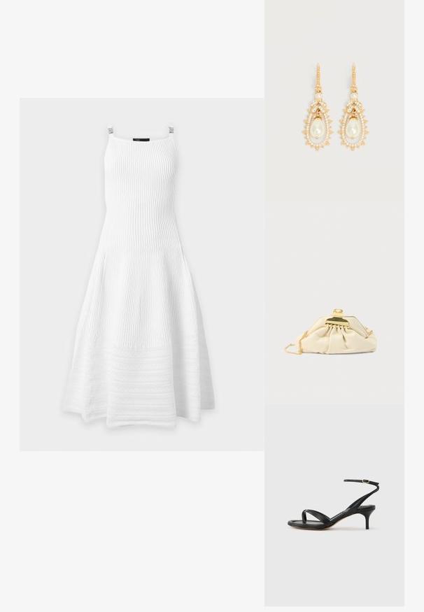 Robe blanche sans manches en maille côtelée avec jupe évasée et encolure carrée sur des clips sur fond uni.; Sandale pour femme en cuir noir avec fines lanières, une boucle d'orteil, une boucle à la cheville et un talon aiguille de hauteur moyenne sur un fond neutre.; Pochette couleur crème en matière douce, dotée d'un fermoir doré et d'une bandoulière chaîne, avec un design froncé sur le corps.; Boucles d'oreilles pendantes en ton or avec des perles fantaisie en forme de larme, entourées de petits cristaux clairs et d'ornements en cristal en forme de feuille.