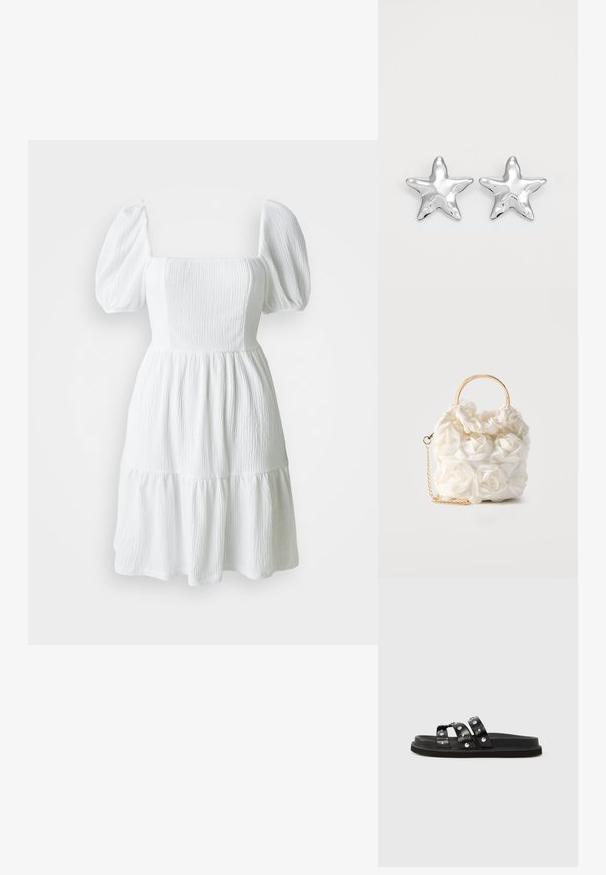 Vestido blanco con escote cuadrado, mangas abullonadas y tela texturizada. Presenta una falda de capas que termina por encima de la rodilla. Sin patrones visibles.; Sandalias negras tipo "slide" con tres tiras anchas y tachuelas plateadas. Material de cuero liso con suela plana y plantilla texturizada.; Bolso blanco adornado con rosas de tela, con un asa circular dorada y una correa de cadena dorada sobre un fondo liso.; Pendientes en forma de estrella plateada con una superficie pulida y brillante. Cada pendiente presenta cinco puntas y sutiles detalles de textura en la superficie.