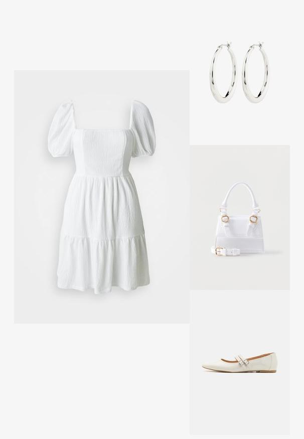 Vestido blanco con escote cuadrado, mangas abullonadas y tela texturizada. Presenta una falda de capas que termina por encima de la rodilla. Sin patrones visibles.; Bailarinas de charol blanco con punta afilada, dos tiras decorativas con hebillas plateadas y una plantilla sutilmente marrón.; Bolso estructurado blanco con asa superior, dos hebillas en tono dorado en el frente y una correa de hombro ajustable y desmontable.; Pendientes de aro de plata con un acabado suave y brillante. Forma circular, con un cierre seguro. Diseño sencillo y elegante.