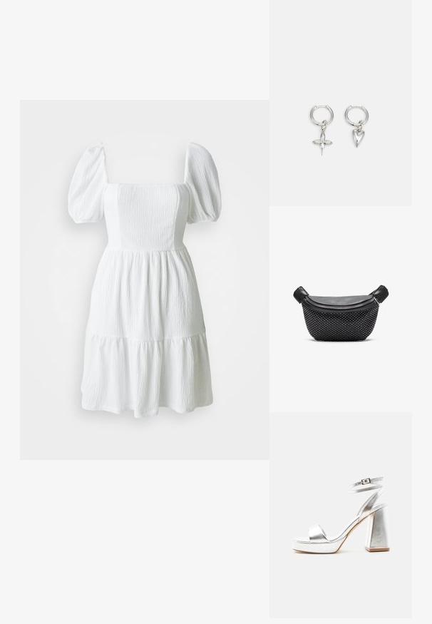 Vestido blanco con escote cuadrado, mangas abullonadas y tela texturizada. Presenta una falda de capas que termina por encima de la rodilla. Sin patrones visibles.; Sandalia de tacón alto plateada metálica con tira en el tobillo, tacón de bloque y punta abierta sobre un fondo claro y liso.; Bolso de mano negro con parte superior de cuero liso y base texturizada cubierta de tachuelas plateadas, que cuenta con un cierre de cremallera y doble asa.; Pendientes de aro de plata con un charm de cruz y corazón. Textura suave y brillante con un acabado pulido. Cada charm cuelga de un lazo seguro.