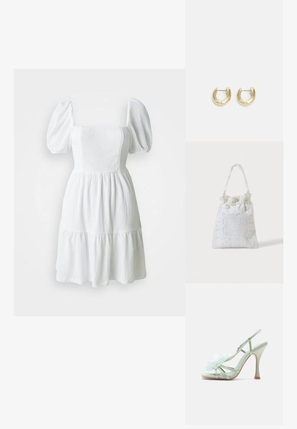 Vestido blanco con escote cuadrado, mangas abullonadas y tela texturizada. Presenta una falda de capas que termina por encima de la rodilla. Sin patrones visibles.; Sandalia de tacón alto verde claro con tiras delgadas y una gran decoración de flor de tela en la zona de los dedos.; Bolsa de tela blanca con bordado floral de encaje y una asa superior fruncida, mostrada sobre un fondo claro y liso.; Pendientes de aro en tono dorado con un acabado suave y pulido. Presentan una forma de medio círculo y un cierre de poste seguro.