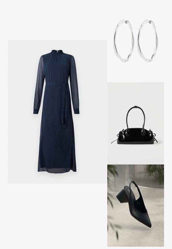 Marineblå langærmet kjole med høj smocked hals, bælte i taljen og gennemsigtige ærmer, der har en lige silhuet og ankellangt design.; Sort læder slingback hæl med spids tå og blokhæl. Glat tekstur, minimalistisk design og justerbar ankelrem.; Lille sort blank håndtaske med to lange håndtag og snøre-detaljer i siden på en ensfarvet lys baggrund.; Par polerede sølv snoede ovale hoopøreringe med hængslede låse, vist mod hvid baggrund.