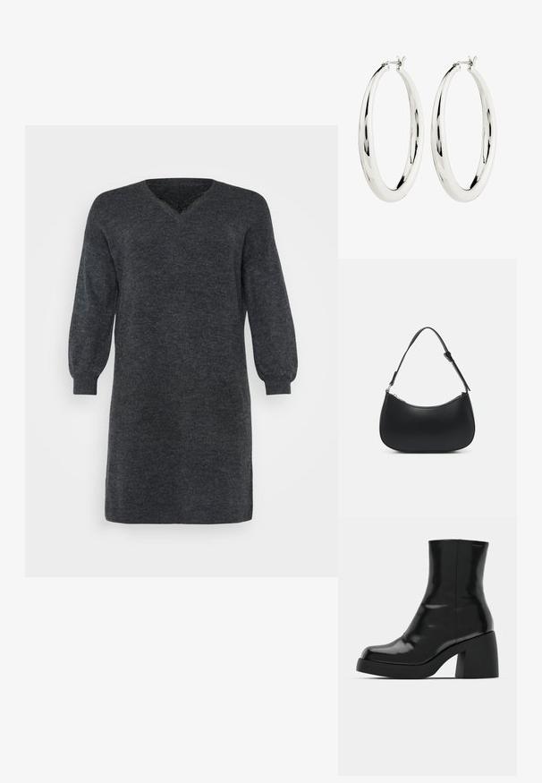 Dunkelgraues gestricktes Kleid mit V-Ausschnitt und langen Puffärmeln, versehen mit gerippten Bündchen und Saum. Strukturiertes Stoffdetail.; Schwarze Stiefeletten mit glänzender Oberfläche, quadratischer Zehenpartie und dicker Blockabsatz. Das Design zeichnet sich durch eine nahtlose Silhouette und minimalistische Markenkennzeichnung aus.; Pieces PCALUANA SHOULDER BAG - Handtasche - black; Silberne Creolen mit einer glatten, reflektierenden Oberfläche. Runde, große Form mit einem sicheren Verschluss an der Oberseite. Polierte Oberfläche betont den Glanz.
