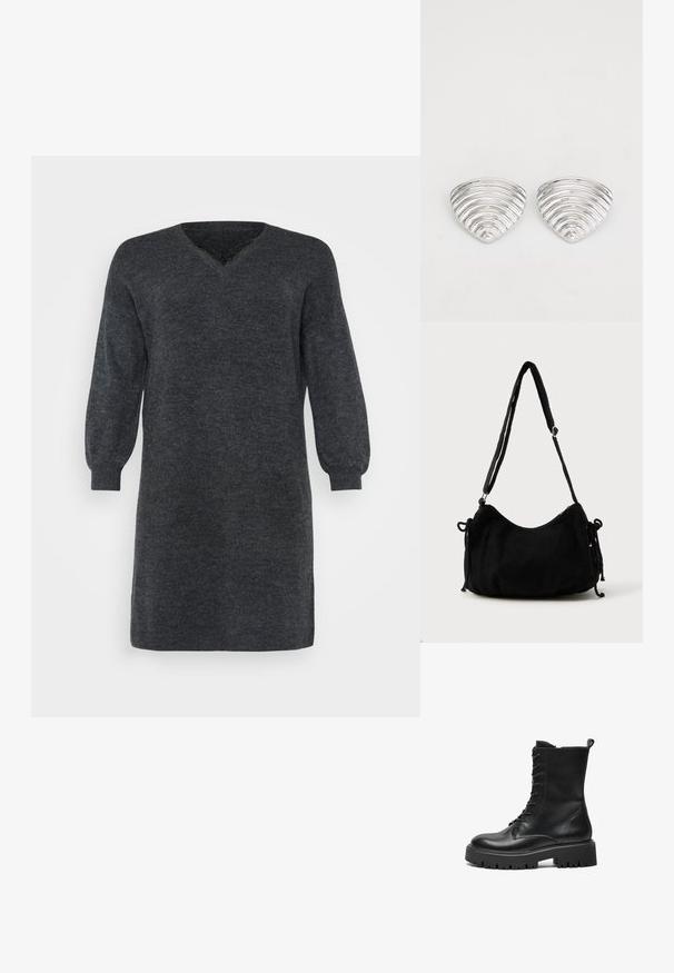 Dunkelgraues gestricktes Kleid mit V-Ausschnitt und langen Puffärmeln, versehen mit gerippten Bündchen und Saum. Strukturiertes Stoffdetail.; Schwarze Leder Schnürstiefel im Combat-Stil mit dickem Profilsohle, knöchelhohem Schaft und Schlaufe an der Rückseite vor einem weißen Hintergrund.; Schwarze Cordtasche mit geschwungener Form, verstellbarem Schultergurt und Kordelzugverschlüssen an beiden Seiten zur Größenanpassung.; Ohrringe in Silberoptik mit einem wellenförmigen, strukturierten Design, das wie überlappende Halbmonden geformt ist; die polierte Oberfläche verstärkt die reflektierenden Eigenschaften.