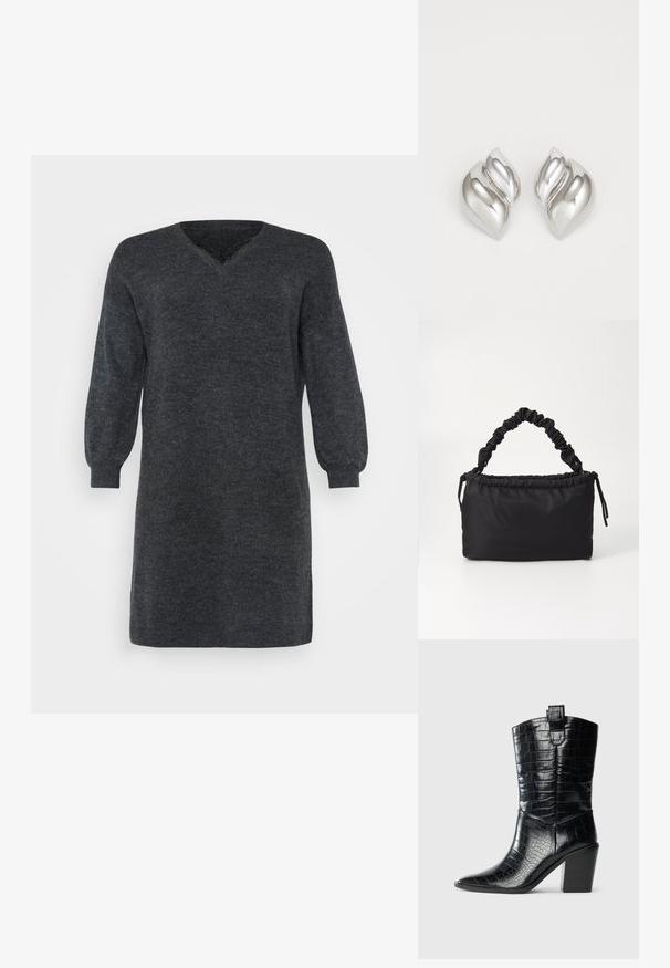 Dunkelgraues gestricktes Kleid mit V-Ausschnitt und langen Puffärmeln, versehen mit gerippten Bündchen und Saum. Strukturiertes Stoffdetail.; Schwarzer western Stiefel bis zur Mitte der Wade mit spitzer Zehe, Blockabsatz und glänzendem, krokodilgeprägtem Leder in Kontrast zu einem weißen Hintergrund.; Schwarze Tasche aus weichem, glattem Stoff. Verfügt über einen gerafften Griff und einen Kordelzugverschluss, hat eine rechteckige Form und keine sichtbaren Beschläge.; Silberne Ohrringe mit einer organischen, abstrakten Form. Glatte, glänzende Oberfläche mit einem konischen Design. Mit dezenten Kurven und einem zentralen Linienelement.