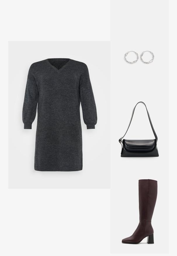 Dunkelgraues gestricktes Kleid mit V-Ausschnitt und langen Puffärmeln, versehen mit gerippten Bündchen und Saum. Strukturiertes Stoffdetail.; Zign LEATHER - Stiefel - bordeaux; Schwarze Lederhandtasche mit strukturiertem Design, glatter Textur und einem einzelnen Schulterriemen. Verfügt über ein dezentes, abgerundetes Klappendesign.; Silberne Creolen mit einer welligen, unregelmäßigen Textur. Besitzen eine dünne, kreisförmige Form und eine reflektierende Oberfläche.