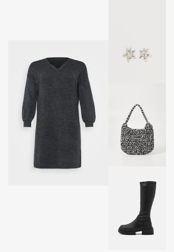Dunkelgraues gestricktes Kleid mit V-Ausschnitt und langen Puffärmeln, versehen mit gerippten Bündchen und Saum. Strukturiertes Stoffdetail.; Even&Odd Plateaustiefel - black; Gewebte Handtasche in Schwarz und Weiß mit runder Form, strukturiertem Oberflächenfinish und geflochtener Grifffläche. Geeignet für den lässigen Gebrauch.; Silberne, sternförmige Creolen mit einer glatten, polierten Oberfläche auf weißem, schlichtem Hintergrund.