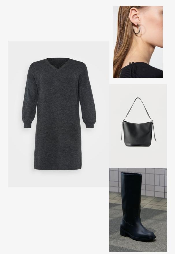 Mørkegrå strikket sweaterkjole med V-hals og lange pufærmer, afsluttet med ribbede manchetter og kant. Teksturdetalje i stoffet.; Høj sort læderstøvle med lav chunky hæl, der står på fortov nær flisebeklædt væg baggrund.; Sort skuldertaske i læder med en enkelt bred strop og diskrete sølvfarvede detaljer på en ensartet hvid baggrund.; Sølv hoop ørestik med en poleret overflade, prydet med små guld accenter og en rund form, båret på øreflippen.