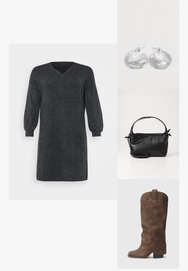 Mørkegrå strikket sweaterkjole med V-hals og lange pufærmer, afsluttet med ribbede manchetter og kant. Teksturdetalje i stoffet.; Brune syntetiske knæhøje støvler med rund tå og blokhæl, der har en glat tekstureret overflade og en trækflap øverst.; Sort læderhåndtaske med et struktureret design, rund tophåndtag og aftagelig skulderrem. Den har en glat tekstur og en subtil glans.; Et par polerede sølv halvmåneformede hoop øreringe med klare plastikbagsider på en hvid overflade.
