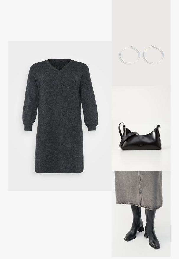 Dunkelgraues gestricktes Kleid mit V-Ausschnitt und langen Puffärmeln, versehen mit gerippten Bündchen und Saum. Strukturiertes Stoffdetail.; Schwarze knielange Stiefel aus glattem Leder mit quadrater Zehenpartie und Blockabsatz. Getragen mit einem grauen Jeansrock mit ausgefranstem Saum.; Schwarze lederne Handtasche mit glatter Textur. Verfügt über einen verstellbaren Riemen und ein elegantes, minimalistisches Design mit einem Reißverschluss.; Paar glänzende silberne Creolen mit dünnen Drahtverschlüssen, dargestellt vor einem hellgrauen Hintergrund.