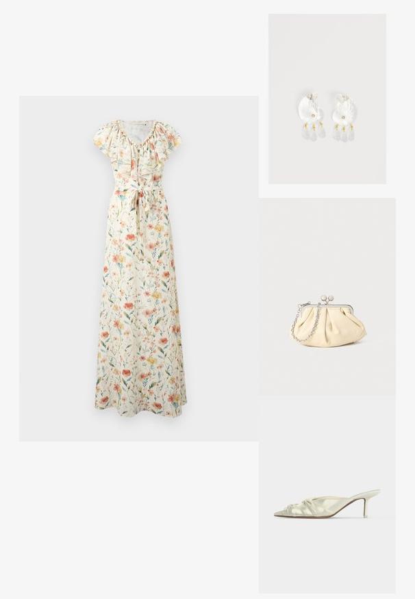 Robe longue crème à fleurs avec manches courtes, encolure à volants et ceinture nouée à la taille, avec des fleurs roses, orange et jaunes et des feuilles vertes.; Mule blanche en satin à bout pointu avec des détails froncés et un talon fin de hauteur moyenne sur fond uni.; Pochette en cuir beige plissé avec un cadre en métal argenté, dotée de deux fermoirs ronds décoratifs et d'une chaîne en argent.; Boucles d'oreilles en résine transparente en forme de coquillage avec de petits accents dorés et trois breloques translucides en forme de goutte pendantes sur chaque boucle d'oreille.