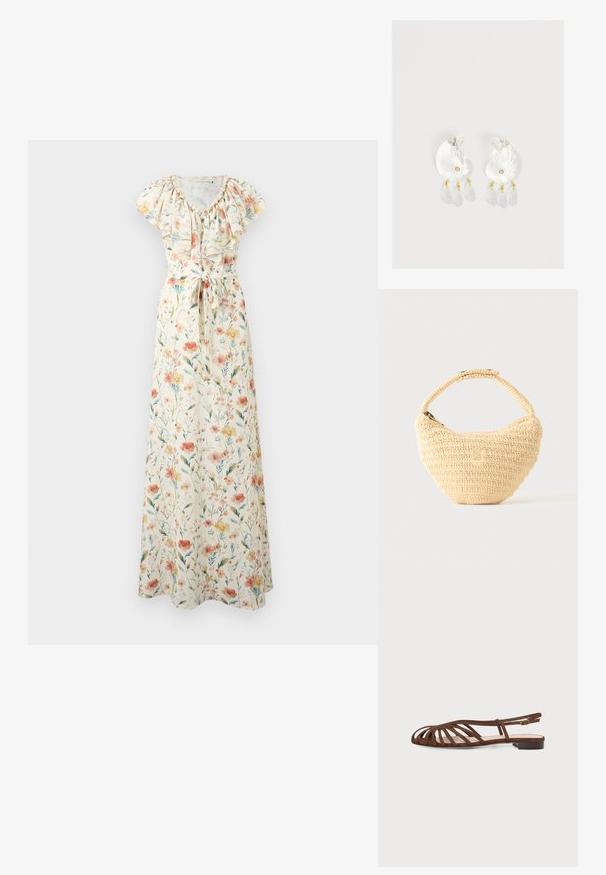 Robe longue crème à fleurs avec manches courtes, encolure à volants et ceinture nouée à la taille, avec des fleurs roses, orange et jaunes et des feuilles vertes.; Sandale plate marron avec plusieurs fines lanières et une petite boucle à la cheville sur un fond clair.; Sac à main beige tissé avec corps arrondi, fermeture éclair et une sangle courte et épaisse dans un style crochet simple et texturé.; Boucles d'oreilles en résine transparente en forme de coquillage avec de petits accents dorés et trois breloques translucides en forme de goutte pendantes sur chaque boucle d'oreille.