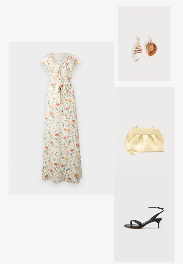 Robe longue crème à fleurs avec manches courtes, encolure à volants et ceinture nouée à la taille, avec des fleurs roses, orange et jaunes et des feuilles vertes.; Sandale pour femme en cuir noir avec fines lanières, une boucle d'orteil, une boucle à la cheville et un talon aiguille de hauteur moyenne sur un fond neutre.; Pochette en cuir couleur crème avec un cadre supérieur structuré et une lanière pour poignet, présentée sur un fond clair uni.; Boucles d'oreilles asymétriques avec pendentifs en coquillages, clous dorés avec dessus en perle et petites pierres précieuses transparentes incrustées sur chaque coquillage.