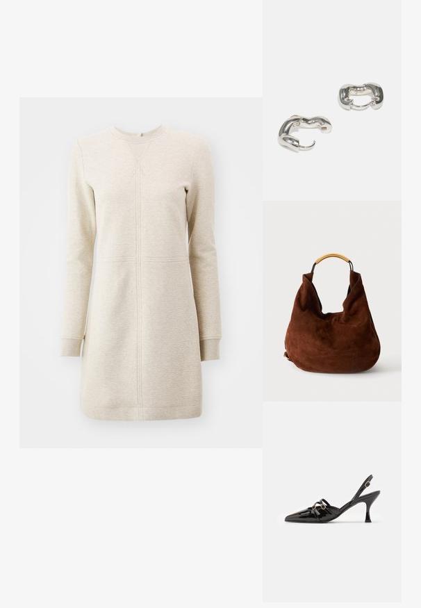 Lys beige langærmet kjole med tekstureret stof, der har en rund halsudskæring og syninger ned langs fronten og ærmerne.; ALOHAS JOELLE ONIX - Pumps - black; Brun ruskind hobo taske med enkelt gyldent metalhåndtag og blød, slasket form mod en ensfarvet baggrund.; Sølvøreringe med et glat, bølget design; har en kraftig form og en poleret overflade, der fremhæver en moderne æstetik.