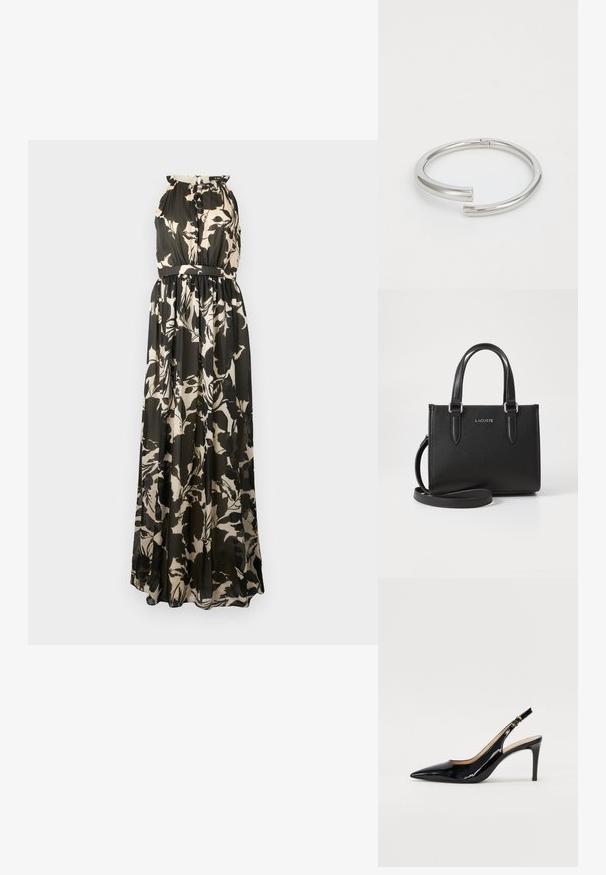 Maxime päällä oleva mekko, jossa on olkaimeton muotoilu, musta-beige kukkakuosi, Gathered-vyötärö ja virtaava kankaan rakenne.; Musta lakattu nahkainen slingback-korkokenkä, jossa on terävä kärki, kapea korko ja hillitty leikkaussuunnittelu. Varressa on kultainen solki.; Musta tekstitettu nahkalaukku, jossa on lyhyet kahvat ja irrotettava olkahihna. Edessä hopeinen "LACOSTE" -logo.; Calvin Klein SPIRAL - Rannekoru - silver-coloured