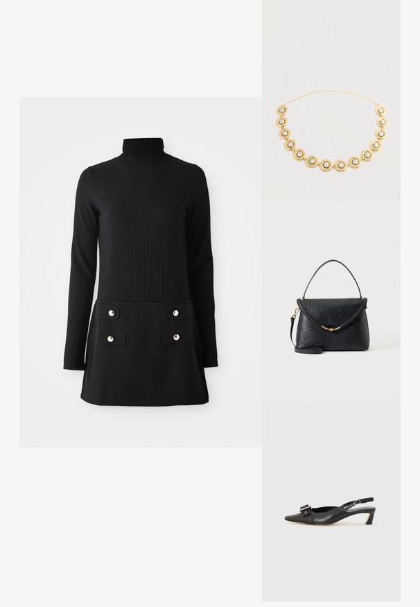 Robe noire en maille côtelée à col roulé, avec manches longues, présentant un corsage ajusté et une jupe évasée avec deux poches avant et des boutons dorés.; Chaussure slingback en cuir noir avec un bout pointu, un petit talon et un détail de boucle décoratif sur le dessus. Texture lisse, design minimaliste.; Sac à main en cuir noir texturé avec rabat arrondi, détail de fermoir doré, poignée supérieure et bandoulière amovible sur fond clair.; Collier en chaîne dorée avec des maillons circulaires espacés uniformément, chacun présentant une perle centrale, disposé sur un fond clair.