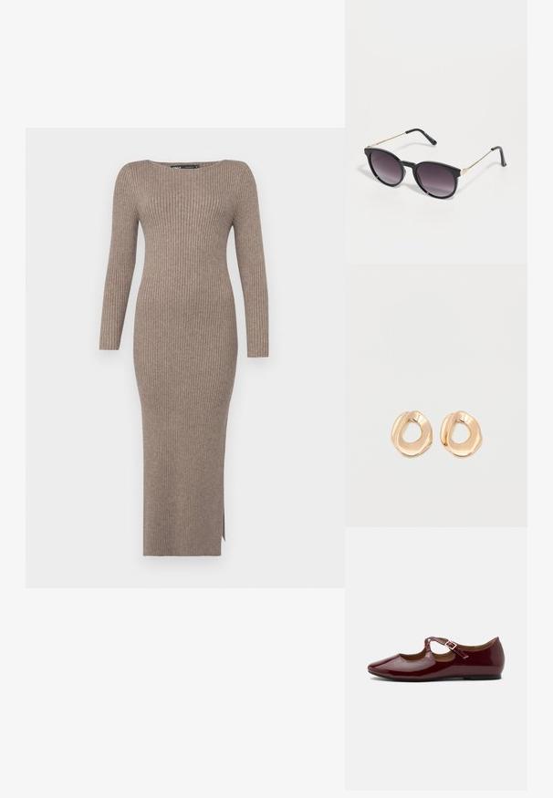 Rippstrickkleid in einem gedeckten Taupe-Ton, mit langen Ärmeln, einem Schiffkragen und einem seitlichen Schlitz für Bewegungsfreiheit.; Glänzender burgunderfarbener Mary Jane Ballerina mit T-Riemen und goldener Schnalle auf einfachem hellem Hintergrund.; Schwarze Cat-Eye-Sonnenbrille mit Verlaufsgläsern, goldenen Metallakzenten an den Scharnieren und schwarzen Kunststoffbügeln. Minimalistisches Design mit glatter Textur.; Paar unregelmäßig geformter, polierter Creolen aus goldfarbenem Metall mit offenem Zentrum auf weißem Hintergrund.