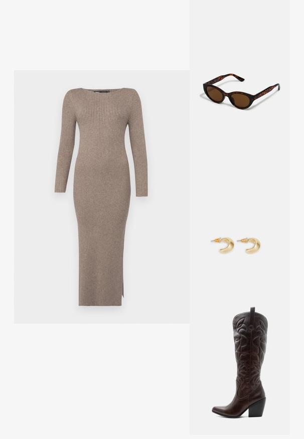 Rippstrickkleid in einem gedeckten Taupe-Ton, mit langen Ärmeln, einem Schiffkragen und einem seitlichen Schlitz für Bewegungsfreiheit.; Hoher dunkelbrauner Leder-Cowboystiefel mit gestickten dekorativen Mustern, spitzer Spitze und gestapeltem Blockabsatz.; Braune Schildpatt-Sonnenbrille mit einer Vintage-Cat-Eye-Form und braunen Gläsern. Verfügt über gebogene Bügel mit roten Akzenten.; Goldene, mondförmige Ohrringe mit glatter Oberfläche, die orangefarbene Akzente nahe dem Stecker und silberne Beschläge aufweisen.